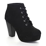 Forever Camille-86 Women's Comfort Stacked Chunky Heel Lace Up Ankle Booties,Black,7.5