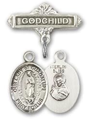 Sterling Silver Baby Badge with Our Lady of Guadalupe Charm and Godchild Badge Pin