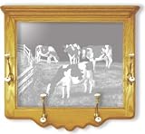 Wall Mounted Etched Mirror Coat Rack - Solid Oak, Hand-Rubbed Finish - Country Decor Etching of Cows, 26 x 22 inches