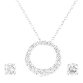 Sterling Silver With Cubic Zirconia Circle Necklace & Round Earring Set - Silver/White ( 18" )