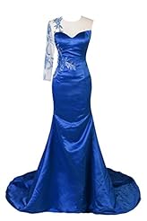 Satin Mermaid Long Sleeves One Shoulder Embroidered Beaded Evening Dress/Prom Dress/Wedding Party Dress  with a Brush/Sweep Train 