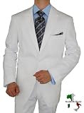 Bianco Brioni Italian Cotton Stretch Mens Suit Modern 2 Button Jacket Ticket Pocket Hand Pick Stitching 2pc with Flat Front Pants Hand Tailored Suit Snow White (48 Long)