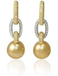 Diamond and South Sea Pearl 18k Two Tone Gold Dangle Earrings