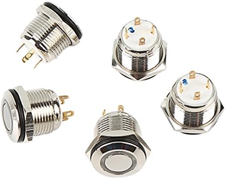 Joyluxy® 5PCS QN16D4 Momentary Metal Push Button Switch 2A/36VDC 1NO SPST Industrial Car Switch with 4 Pins Suitable for 16mm 5/8" Mounting Hole - Silver Shell Blue Light