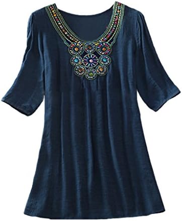Uwish Women's Bohemian Embroidered Loose Tunic Shirt Top One Size Navy Blue