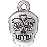 Silver Plated Pewter Dia De Los Muertos Sugar Skull Pendant Charm 19mm (1)