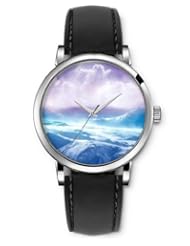 SPRAWL Aanalog Fashion Series Silver Ladies Watches of Genuine Black Leather Strap,Unique Wrist Watch for Women Girls Designed with Top mountain landscape