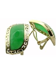 Green Jade Rivus with Greek Key Border Earrings, 14k Gold
