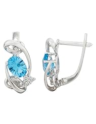 14k White Gold 1.78ct Sparking Cool Diamond & Oval Blue Topaz Huggie Earrings