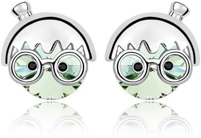 Olive green crystal 18k white gold plated Chibi Maruko-chan girl cute stud earrings jewelry