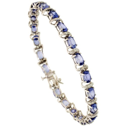 10k White Gold Oval Link 7 in. Tennis Bracelet, w/ Brilliant Cut Diamonds & Oval Cut (6×4mm) Created Tanzanite Stones, 1/4 in. (6mm) wide
