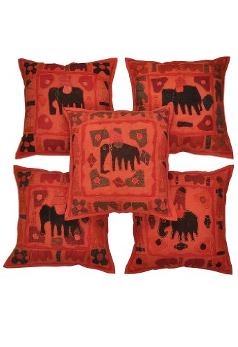 Imagen principal de Traditional Indian Elephant Patch algodón y Jogi Tamaño bordado Cojín 16 x 16 pulgadas Juego de 5 piezas