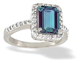 14K White Gold Emerald-cut Created Alexandrite and Diamond Ring