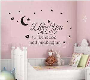 Newsee Decals I love you to moon Wall quote decal sticker kids nursery Room Art Decor (Black)
