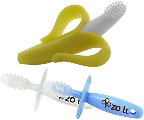 Baby Dental Bundle: Baby Banana Bendable Infant Toothbrush (with Handle) + Zo-li Chubby Gummy Massaging Teethers (Blue &amp; White)