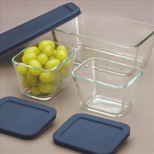 Pyrex 1077126 Rectangular Clear-Glass Food-Storage Containers with Blue Plastic Lids, Set of 3