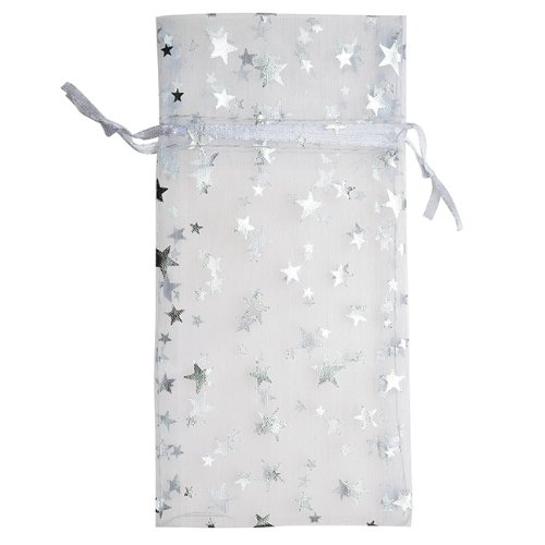 Beadaholique 12 Count Organza Drawstring Gift Bags, 3 by 5-Inch, White with Silver Stars