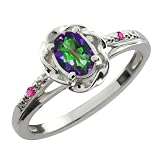 0.57 Ct Oval Green Mystic Topaz Pink Sapphire 14K White Gold Ring