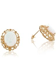 14k Solid Gold Oval Speckled White Created Opal Ladies Earrings