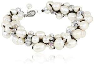 Bronze White Crystal and Freshwater Pearl Strand Bracelet, 7.5+1
