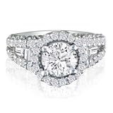 Diamond Rings: 2 2/3ct Diamond Ring with Round Brilliant Center and Baguette and Round Brilliant Side Stones in 14k White Gold thumbnail