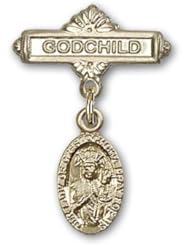 14kt Gold Baby Badge with O/L of Czestochowa Charm and Godchild Badge Pin