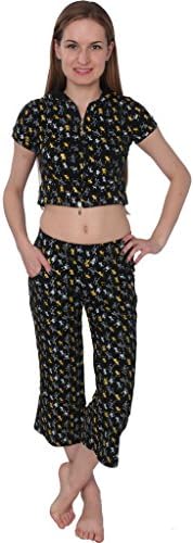 Designed For You Juniors Cotton Two Piece hooded Cropped Pajama/Lounge Set WJS04 Black M