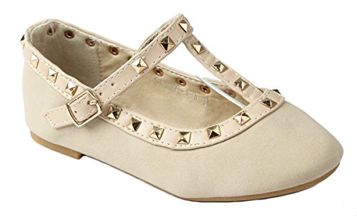 Girls Kids T-Strap Rivet Studded Buckle Dress Ballet Flat/Kitten Heel Shoes