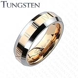 Tungsten Carbide Rose Gold IP Center with Roman Numerals Beveled Comfort Fit Band Ring - 6 mm Width - Sizes: 5-8