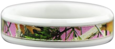 Women's Camo Hunting Camouflage Wedding Band Ring Pink/Rose/Green 6mm White Ceramic (5.5)