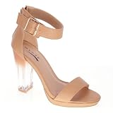 Solar1 Camel Clear Chunky Transparent High Heel Dress Sandal Ankle Women Shoe-7.5