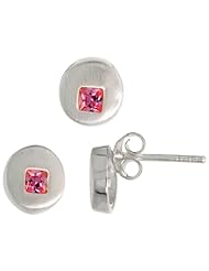 Sterling Silver Matte-finish Round-shaped Earrings (7mm) & Pendant Slide (8mm) Set, w/ Princess Cut Pink Tourmaline-colored CZ Stones