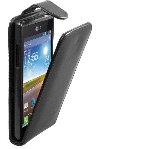 Black PU Leather Vertical Case for LG P700 Optimus L7 - High Quality Flip Phone Cover + 2 Screen Protectors
