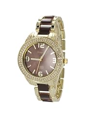 Mark Naimer Womens Watch in Gold Color and Stone Stud Case with Brown Dial and Center Links