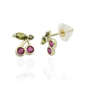 14K Gold Stud Earring red and green cz Colorful Cherry Yellow Gold Earring With Screw-Back For Kids & Teens