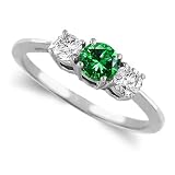 Sterling Silver Round 3 Stone Emerald & Diamond Engagement Ring (1/2 ctw)