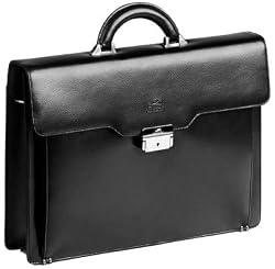 Mancini Black Leather Single Flap Over Compartment Briefcase