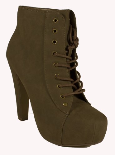 Scala! By Speed Limit 98 Cute Lace-up Hidden Platform Ankle Bootie with Thick Chunky heel, taupe nubuck suede, 9 M