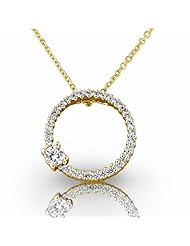 14KT Yellow Gold Contemporary Circle Diamond Pendant featuring a larger Round Brilliant Accent Diamond. 3/4 CTW