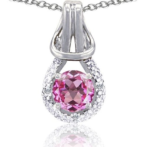 Candygem Genuine 10K Gold Lab Created Round Pink Tourmaline and Diamond Pendant