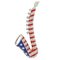 Brass Enamel American Sax Pin with Clear CZ 69x26mm