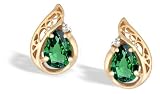  : 14K Yellow Gold Pear Created Emerald and Diamond Filligree Earrings