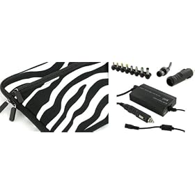 PCMS 4n1 Combo - Acer Aspire One AOD250-1185 10.1-Inch Netbook Neoprene Sleeve Case with AC and DC Adapter Charger Home / Car / Airplane - Zebra Black / White