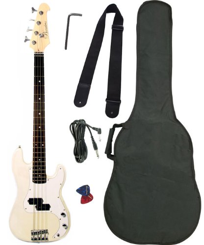 Barcelona Beginner Series Bass Guitar with Gig Bag, Strap, and Accessories - White