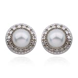SS Platinum Plated Genuine White Pearl & Diamond Accent 5.5mm Post Earrings