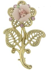 Porcelain Vintage Rose Pin Gold Plated