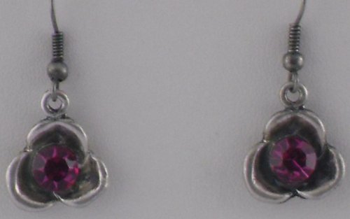 Silver Tri-Leaf with Purple Gem Cut Inlays Earrings