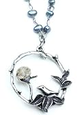 Darling Bird and Crystal Freshwater Pearl Necklace, Antiqued Silver Tone, 16 to 18