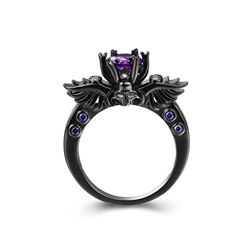 Zealmer Black Gun Gold Plated Round Cut Amethyst Purple CZ Cubic Zirconia Vintage Gothic Skull Ring 6
