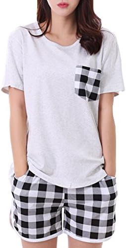 MyFav Women's Plaid Short Sleeve Pajamas Loose Bottom Sleepwear 2 piece Nightset